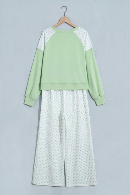 Khaki Polka Dot Patchwork Colorblock Long Sleeve Casual Two Piece Pants Set