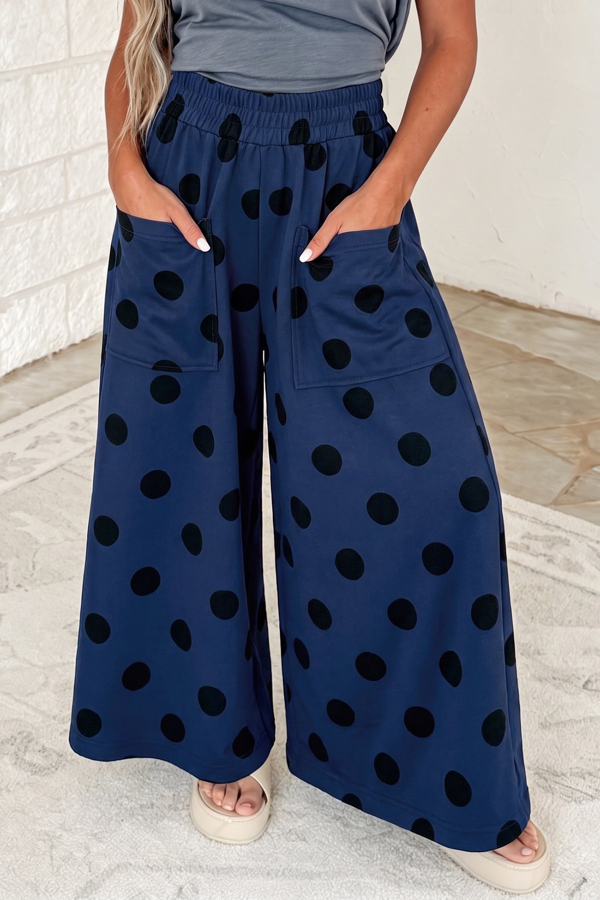 Burgundy Polka Dot Wide Leg Elastic Waist Casual Pants