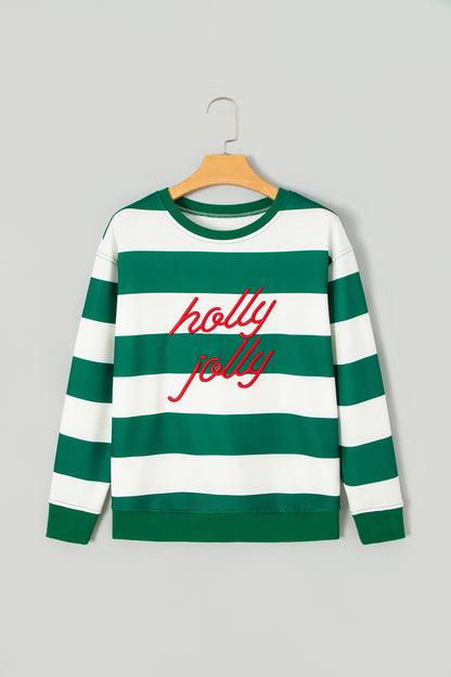 Red Stripe holly jolly Letter Embroidered Pullover Sweatshirt