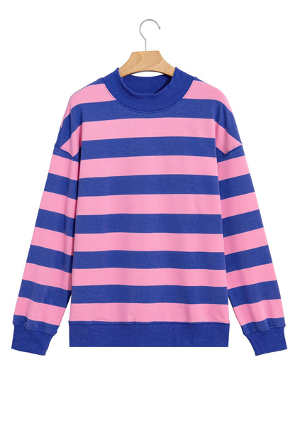 Blue Stripe Colorblock Mock Neck Relaxed Sweatshirt