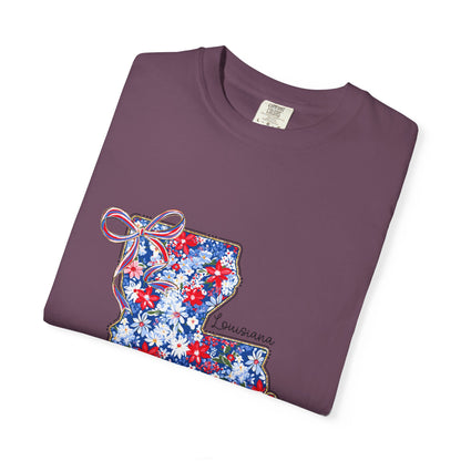 Louisiana Floral State Map T-Shirt — Red, White & Blue "Louisiana" Design