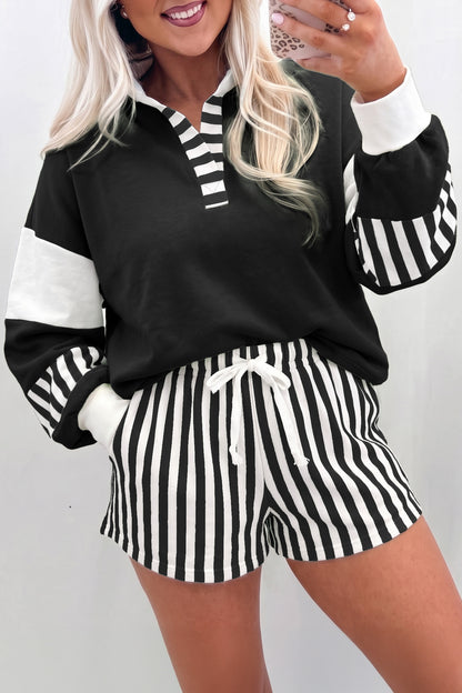 Black Striped Color Block Pullover Top Drawstring Shorts Set