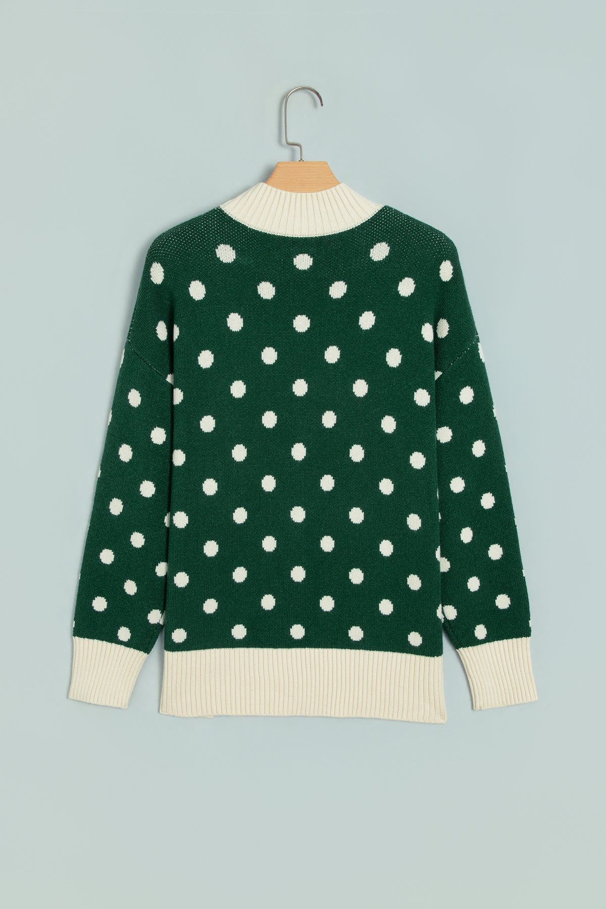 Red Polka Dot Pattern Ribbed Colorblock Trim Split Tunic Sweater