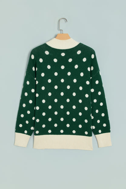 Red Polka Dot Pattern Ribbed Colorblock Trim Split Tunic Sweater