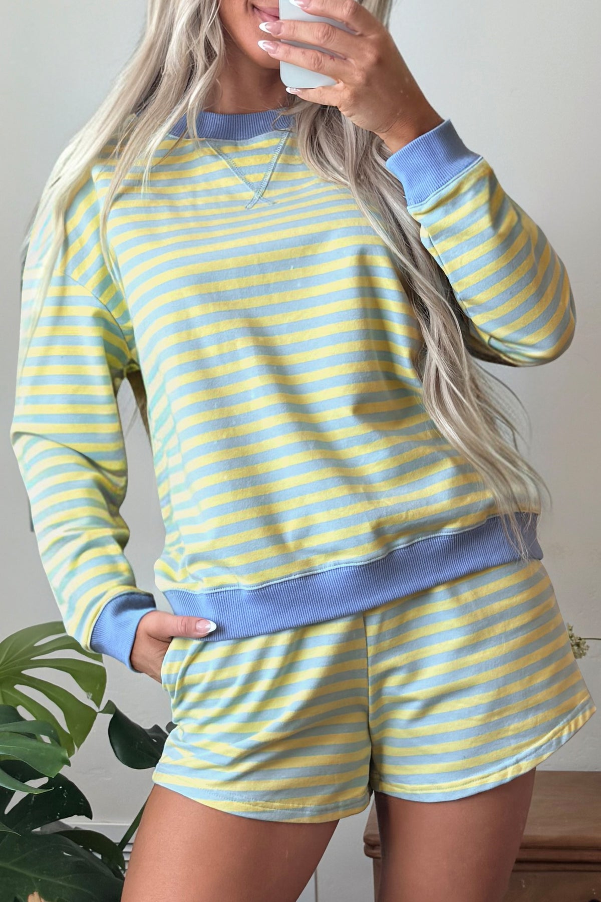 Green Stripe Color Block Detail Long Sleeve Pullover Elastic Waist Pull On Shorts 2pcs Set