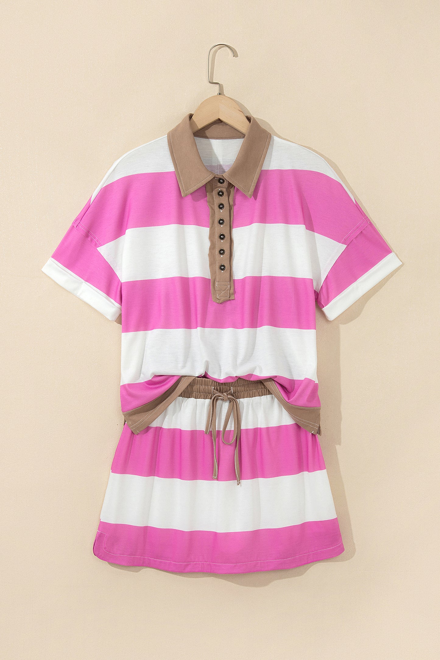 Rose Stripe Colorblock Trim Polo Tee Drawstring Mini Skirt 2pcs Set