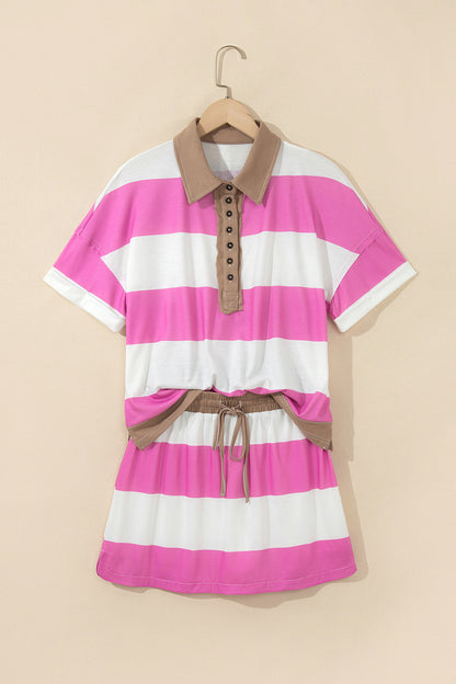 Rose Stripe Colorblock Trim Polo Tee Drawstring Mini Skirt 2pcs Set