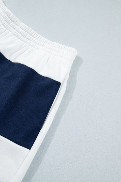 Prussian Blue Exposed Seam Detail Half Sleeve Top Elastic Waist Shorts 2pcs Set