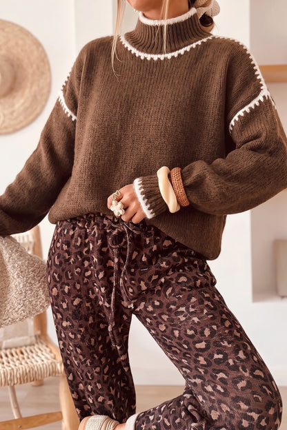 Dark Khaki Contrast Trim Mock Neck Drop Shoulder Relaxed Sweater