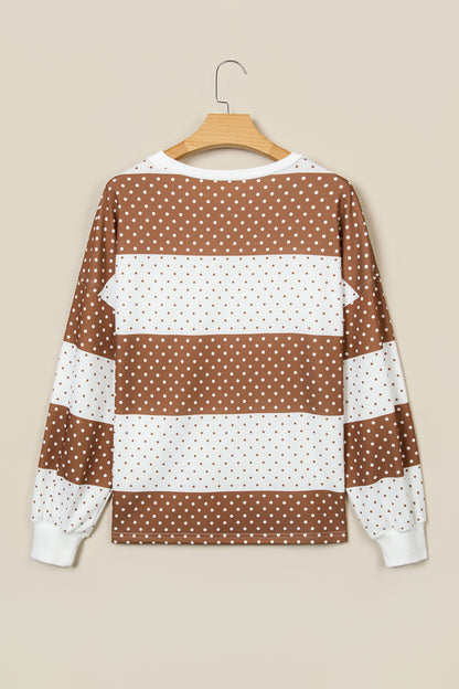 Brown Polka Dot Patchwork Colorblock Long Sleeve Top