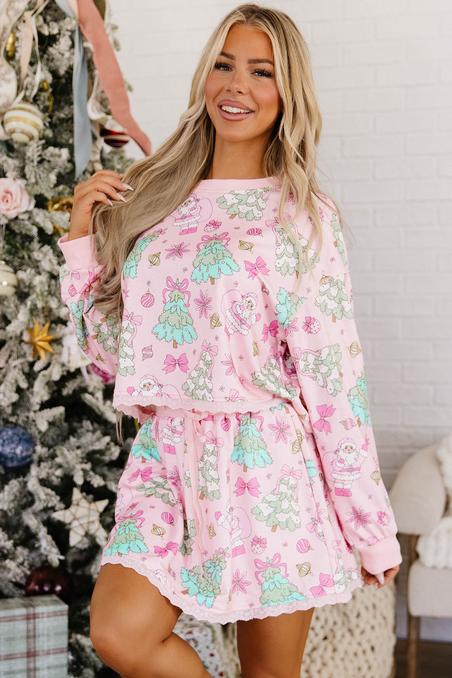Pink Floral Print Lace Trim Long Sleeve Skirt Set