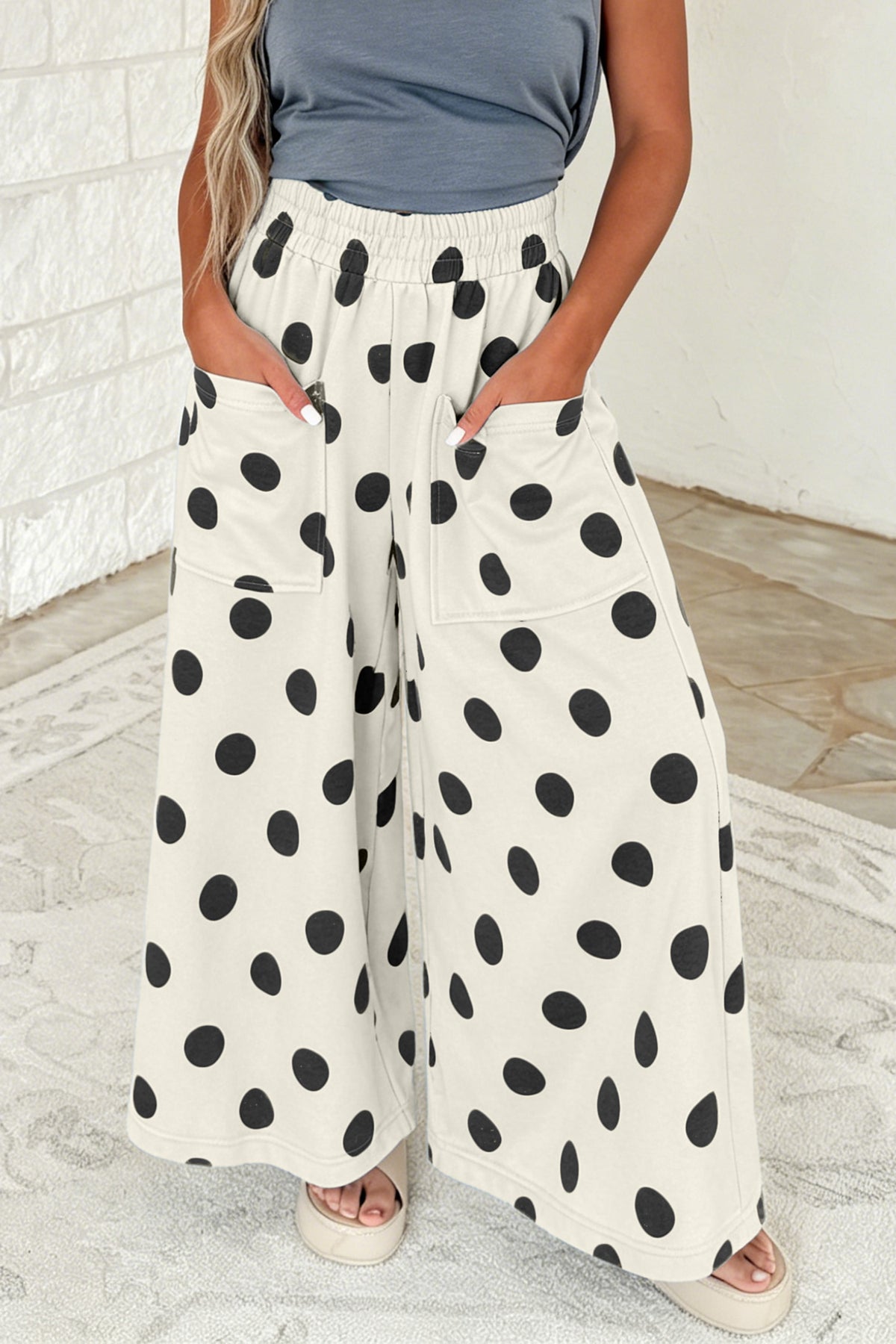 Burgundy Polka Dot Wide Leg Elastic Waist Casual Pants