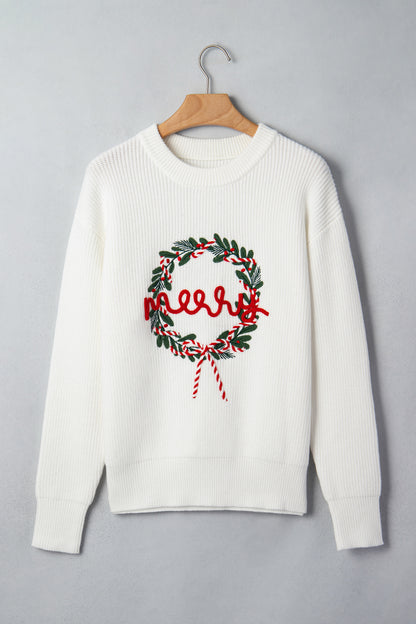 White Christmas Wreath Pattern Round Neck Casual Sweater