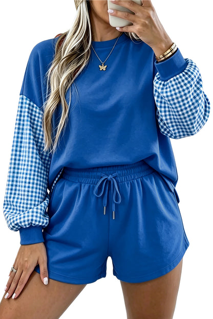 Red Plaid Patchwork Long Sleeve Top Solid Drawstring Shorts Set