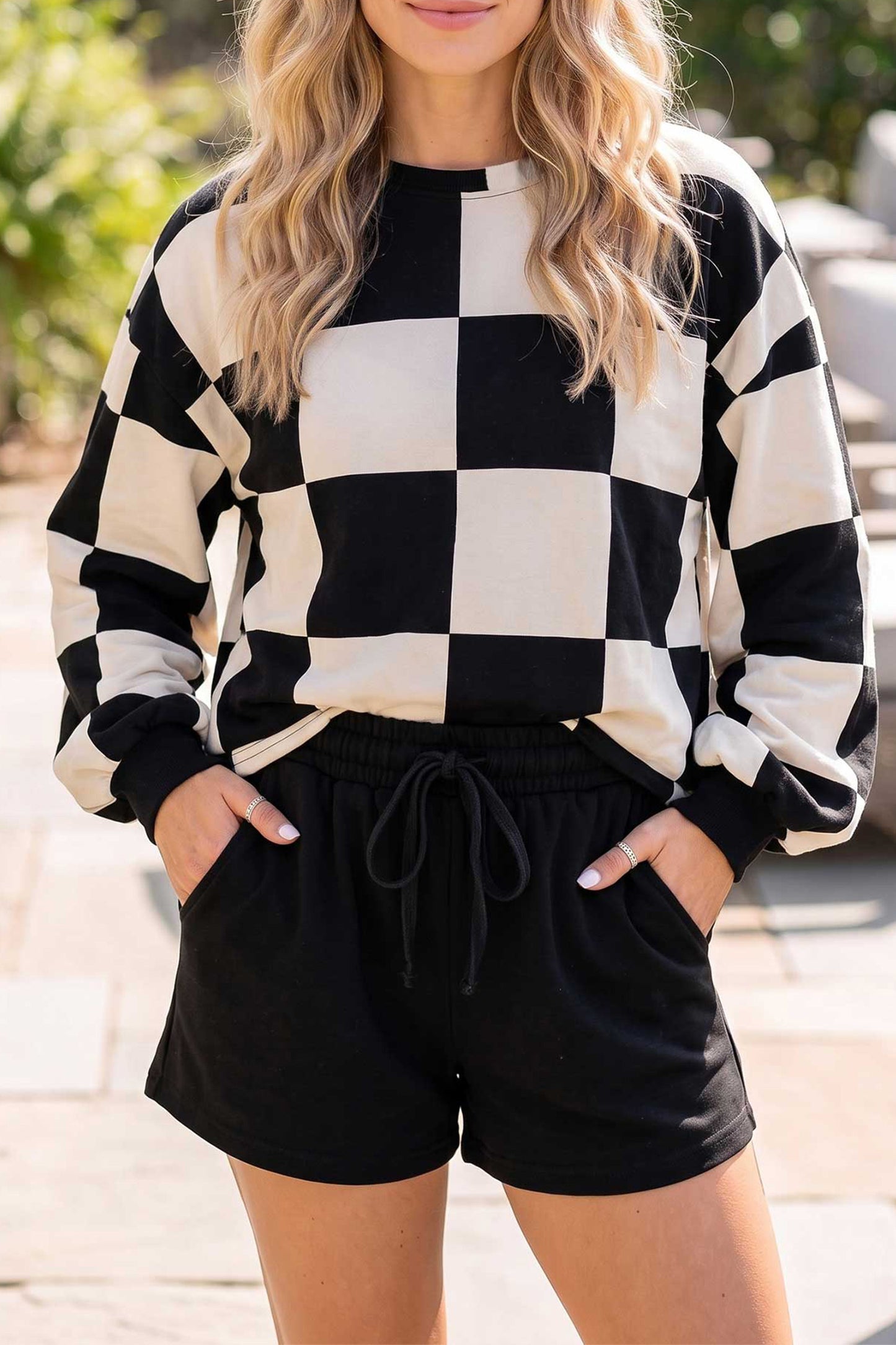 Khaki Checkerboard Plaid Long Sleeve Solid Color Shorts 2pcs Set