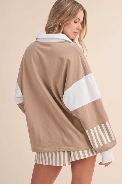 Black Striped Color Block Pullover Top Drawstring Shorts Set
