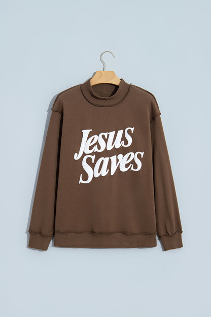 Fiery Red Jesus Saves Slogan Print Stand Neck Baggy Sweatshirt