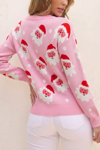 Pink Cartoon Santa Pattern Round Neck Dropped Shoulder Sweater