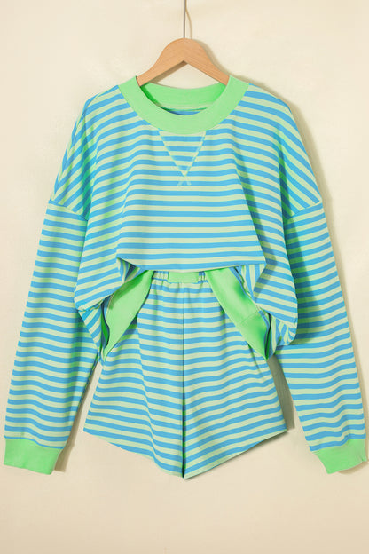Green Stripe Color Block Detail Long Sleeve Pullover Elastic Waist Pull On Shorts 2pcs Set