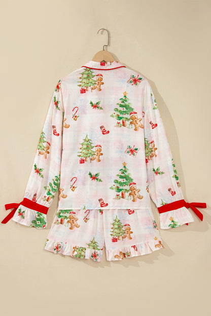 Pink Abstract Christmas Print Long Sleeve Two Piece Shift Lounge Set