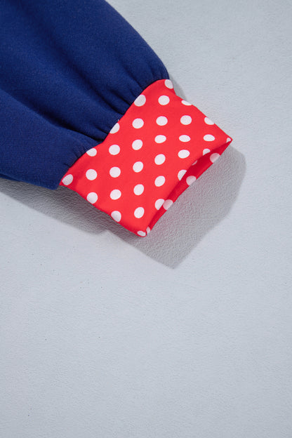Sail Blue Polka Dot Letter Print Contrast Trim Mock Neck Sweatshirt
