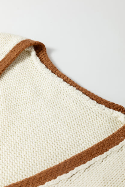 Chestnut Contrast Trim V-Neck Tie Front Loose Sweater Cardigan