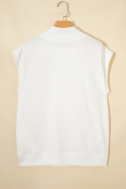 White Solid Color High Neck Cap Sleeve Loose Top