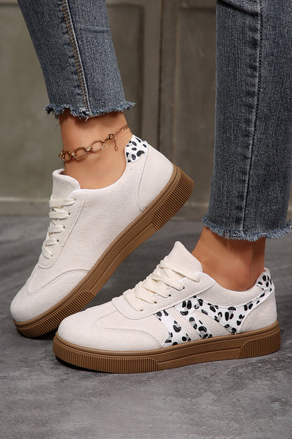 White Suede Leopard Color Block Trim Lace-up Casual Shoes