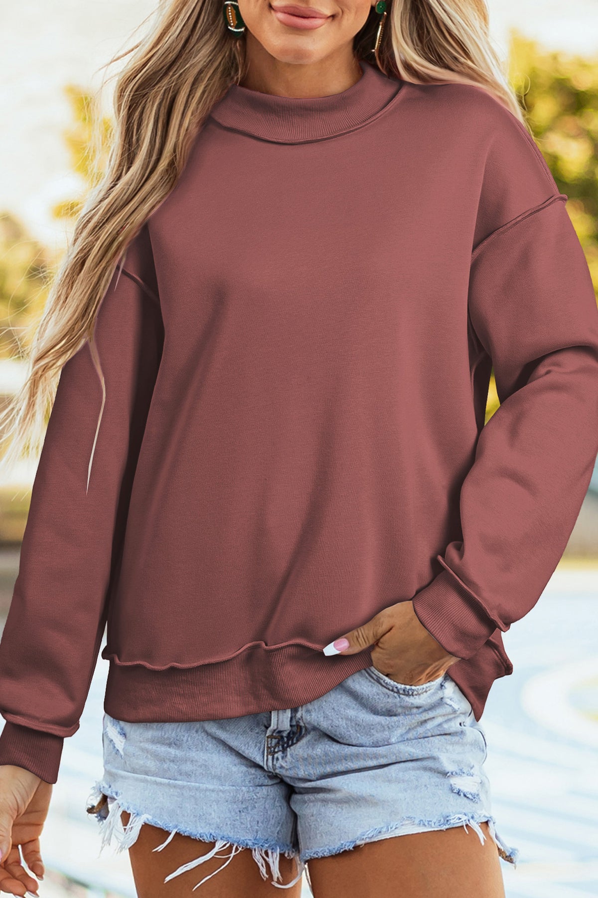 Black Oversize Drop Shoulder Reversible Mock Neck Sweatshirt