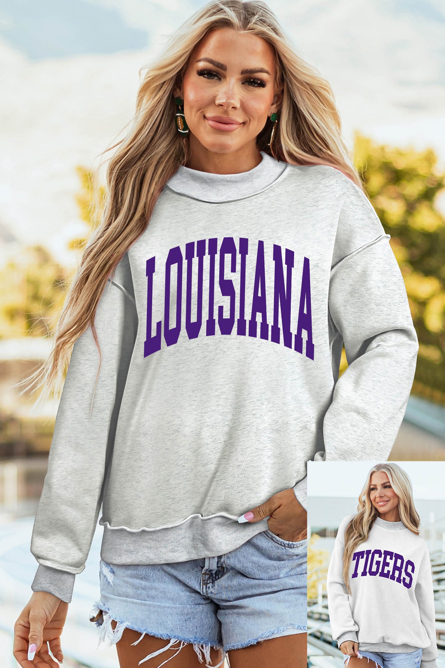 Light Grey LOUISIANA/ TIGERS Double Side Printed High Neck Reversible Sweatshirt