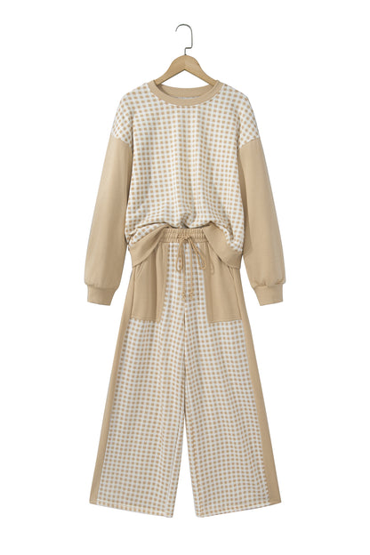 Pink Color Block Plaid Patchwork Long Sleeve Pullover Wide Leg Pant Set