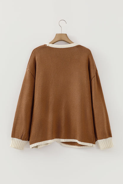 Chestnut Contrast Trim V-Neck Tie Front Loose Sweater Cardigan