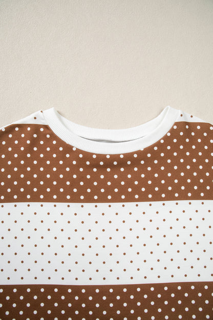 Brown Polka Dot Patchwork Colorblock Long Sleeve Top