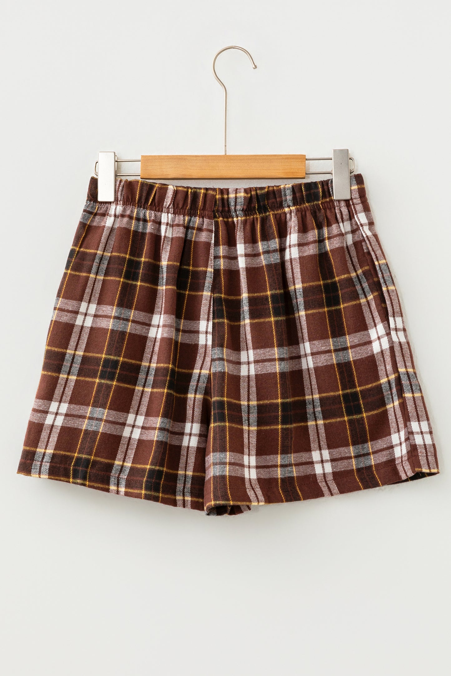 Brown Plaid Button Front Elastic Waist Shorts
