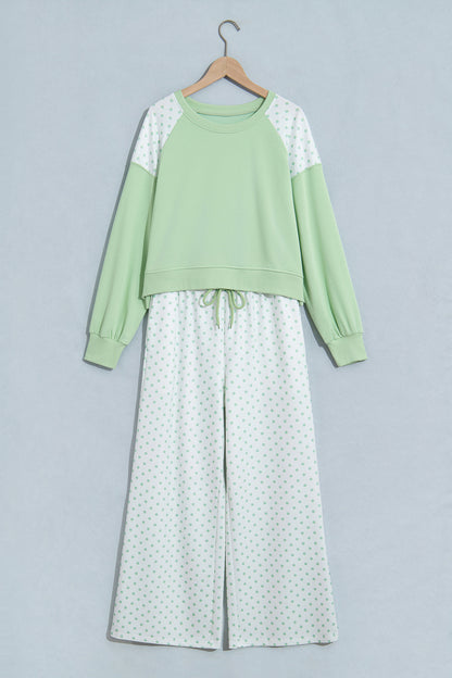 Khaki Polka Dot Patchwork Colorblock Long Sleeve Casual Two Piece Pants Set