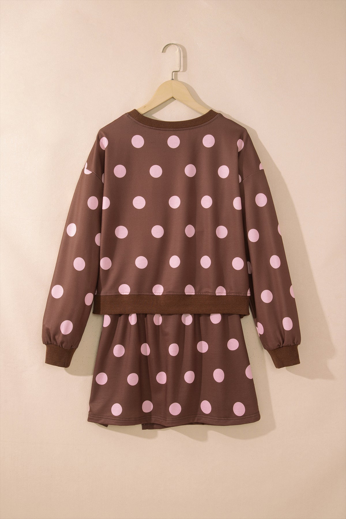 Brown Polka Dot Two Piece Set Long Sleeve Casual Skirt Set
