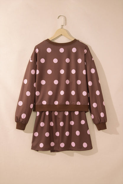 Brown Polka Dot Two Piece Set Long Sleeve Casual Skirt Set