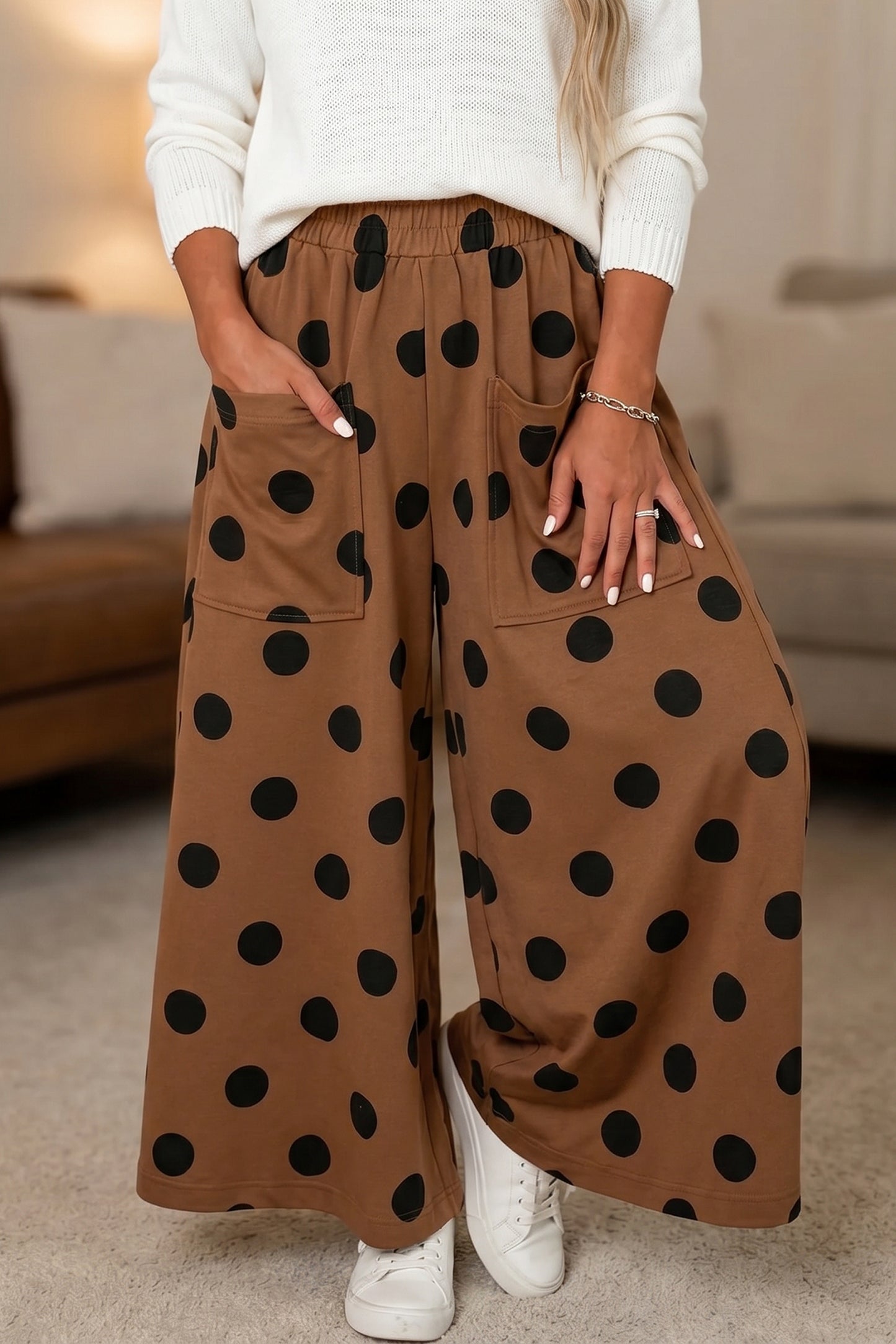 Brown Polka Dot Wide Leg Elastic Waist Casual Pants