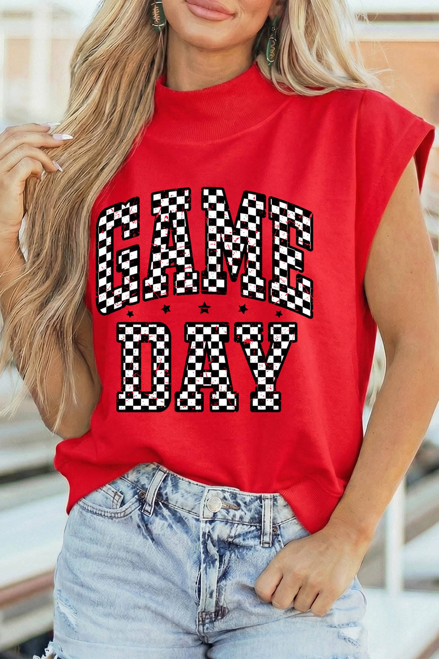 Racing Red Game Day Checkered Print High Neck Short Sleeve op