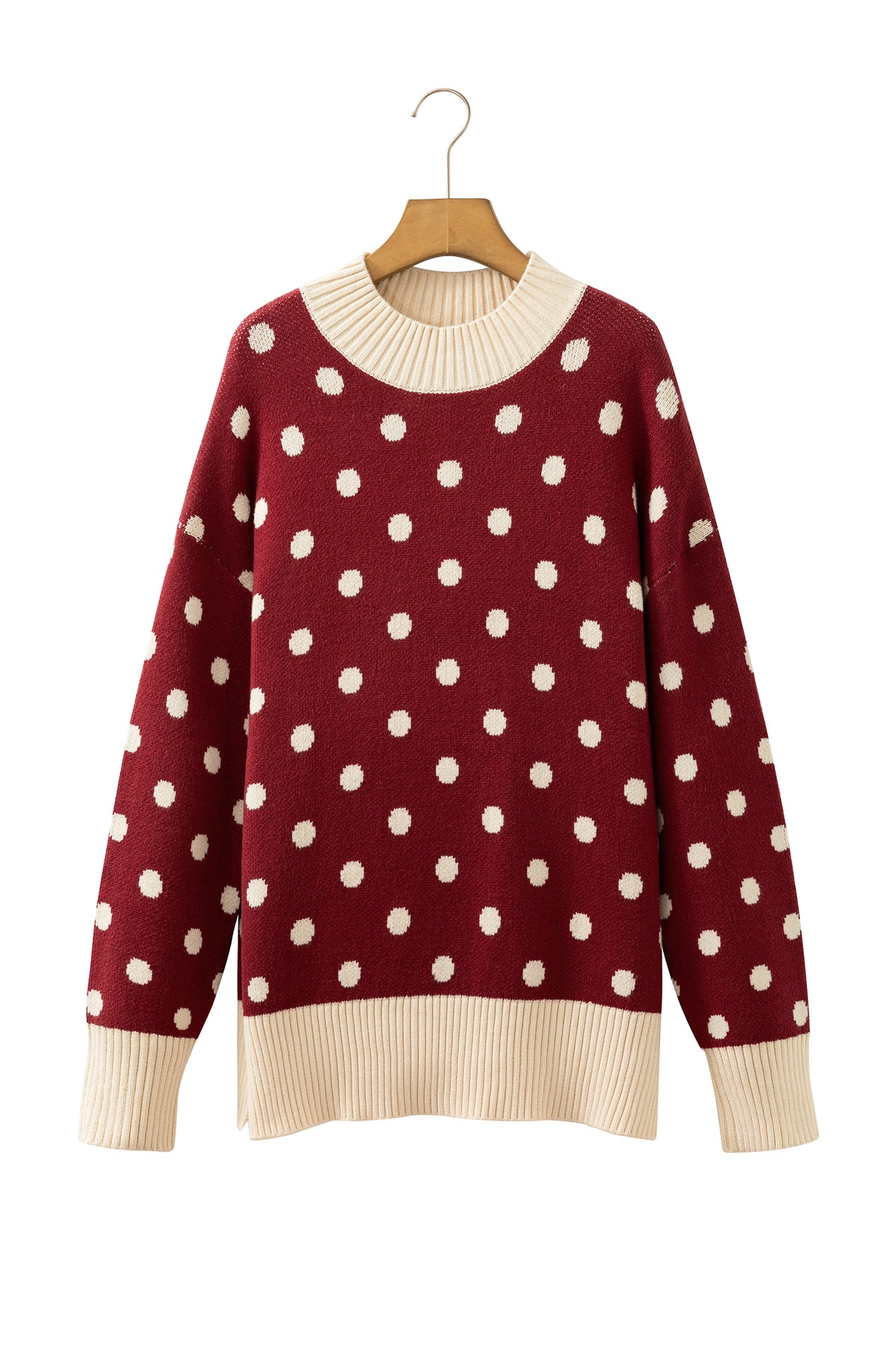 Red Polka Dot Pattern Ribbed Colorblock Trim Split Tunic Sweater
