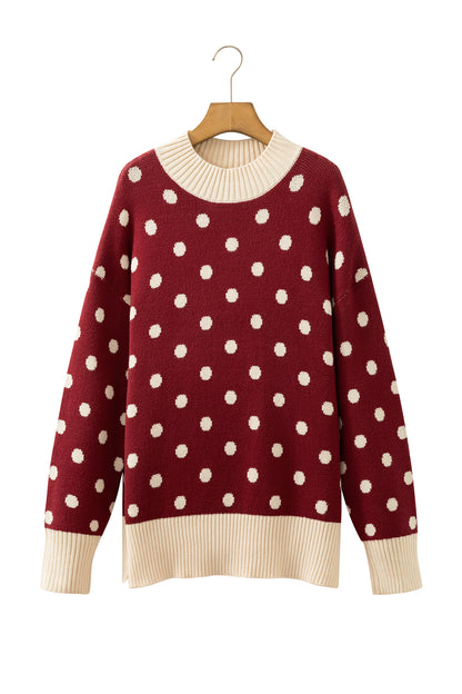 Red Polka Dot Pattern Ribbed Colorblock Trim Split Tunic Sweater