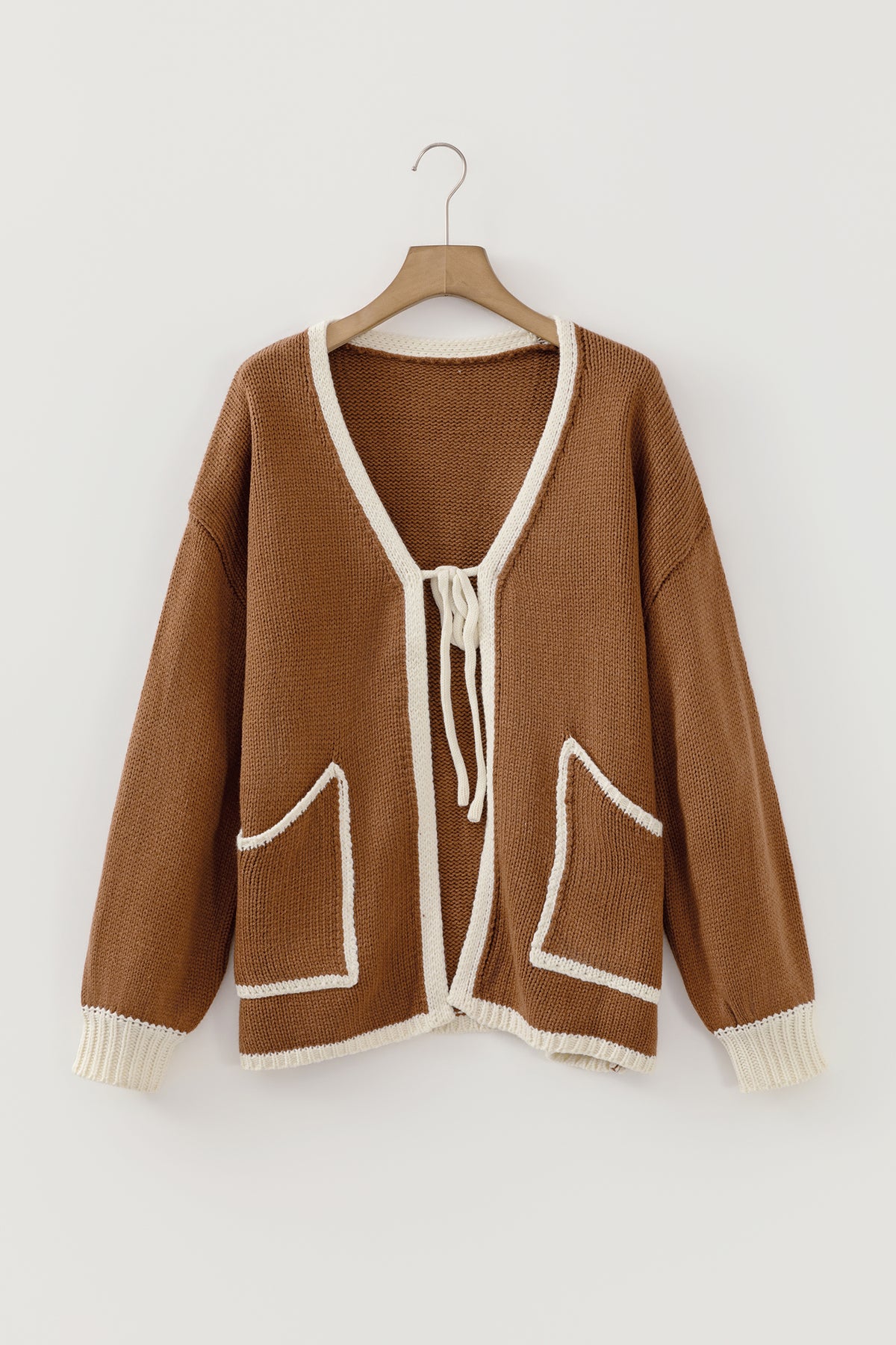 Chestnut Contrast Trim V-Neck Tie Front Loose Sweater Cardigan