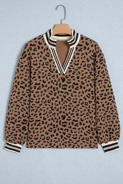 Brown Leopard Print Striped Trim Collar Long Sleeve Shift Pullover