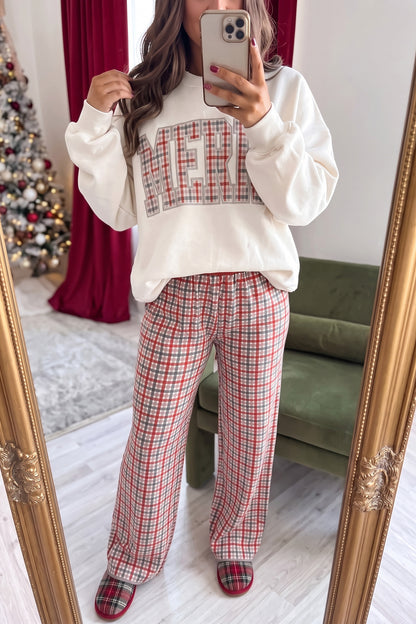 White Embroidered Plaid MERRY Sweatshirt