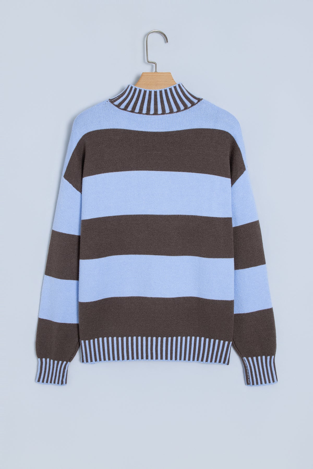 Sky Blue Stripe Contrast High Neck Dropped Shoulder Relaxed Pullover Sweater
