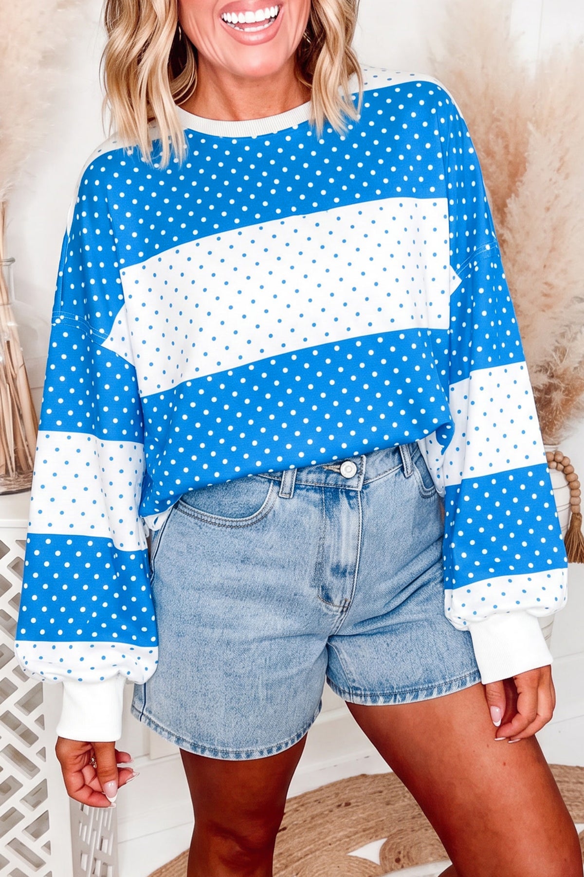 Brown Polka Dot Patchwork Colorblock Long Sleeve Top