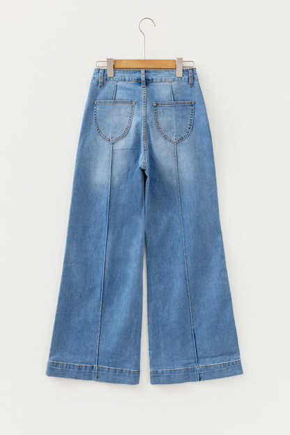 Dusk Blue Piping Seam Detail Flare Leg Pocket Jeans