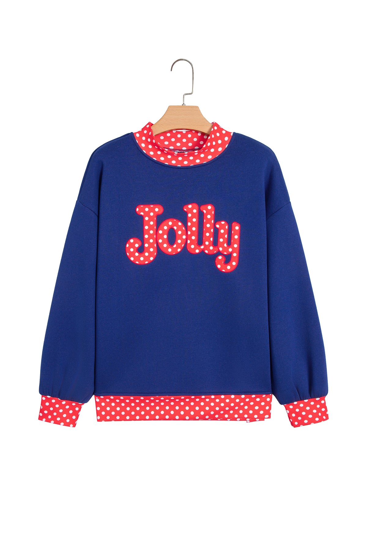 Sail Blue Polka Dot Letter Print Contrast Trim Mock Neck Sweatshirt