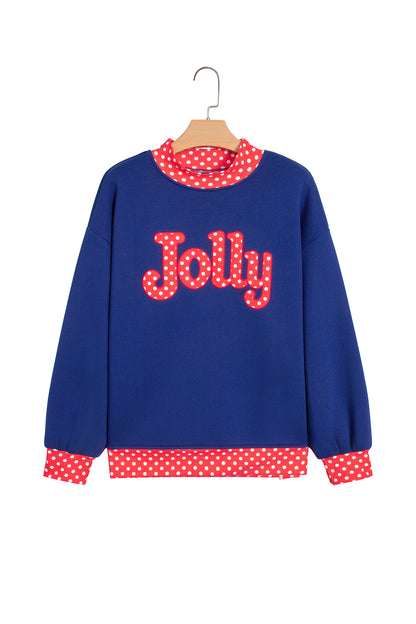 Sail Blue Polka Dot Letter Print Contrast Trim Mock Neck Sweatshirt