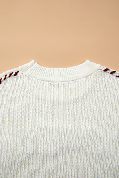 Beige Drop Shoulder Game Day Letter Print Pullover Sweater